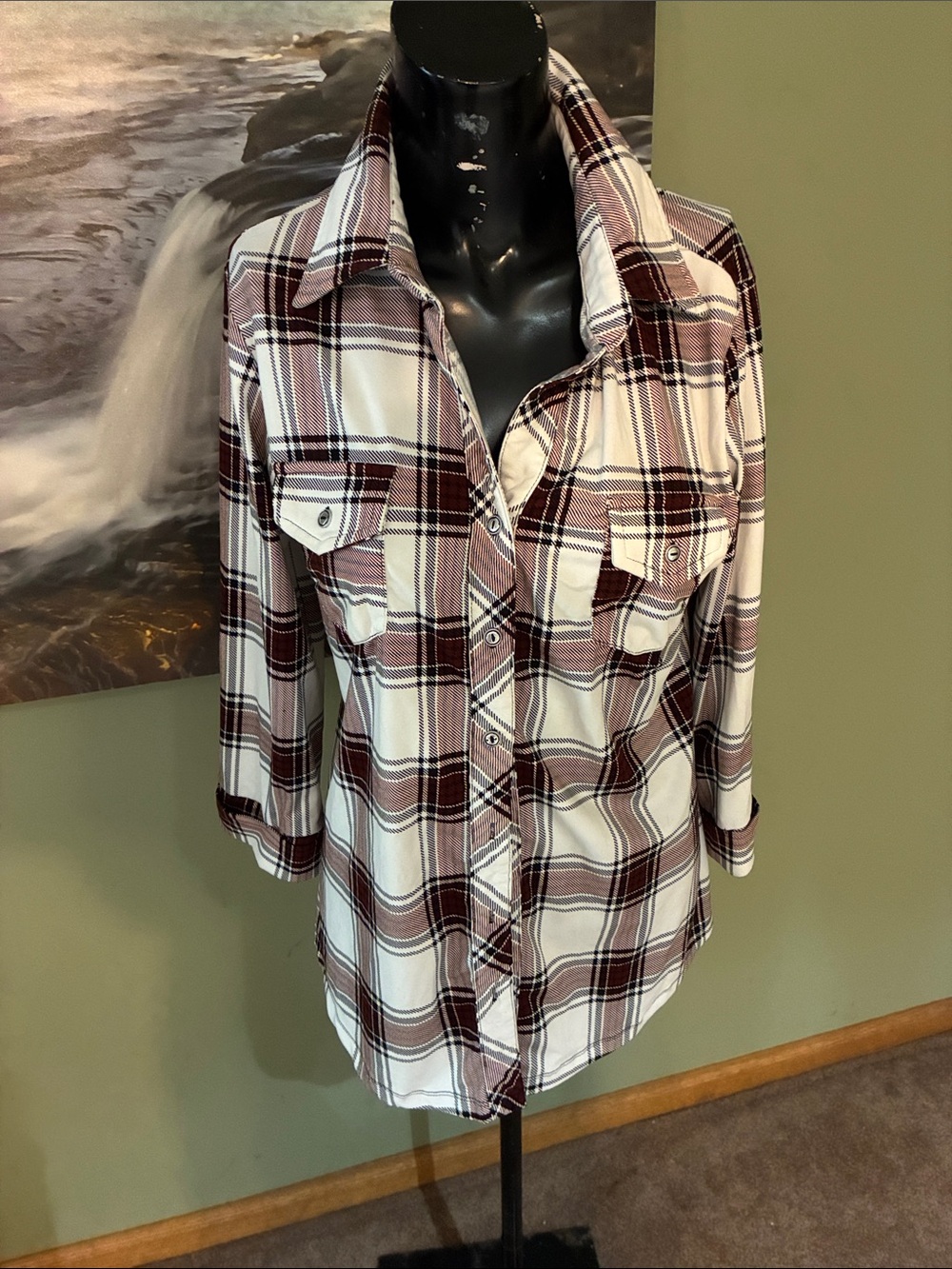 Market & Spruce White and Burgundy Plaid Button-Up Shirt